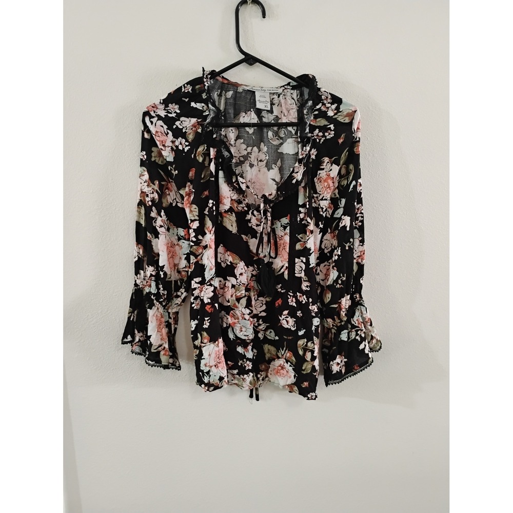 American Rag Cie Floral Bell Sleeve Blouse Black Pink Tassel Tie Boho XL